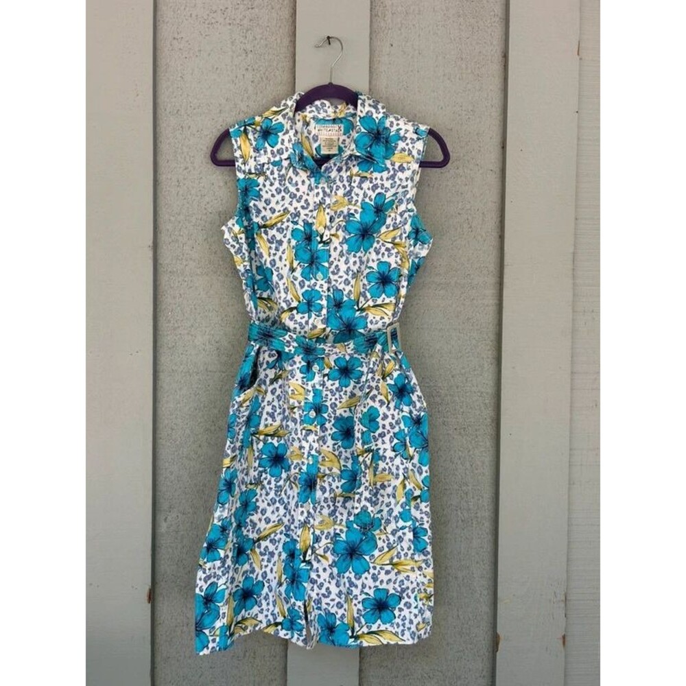 White Stag Sleeveless Dress Button Down Collar Pockets Belt Size L Blues Greens